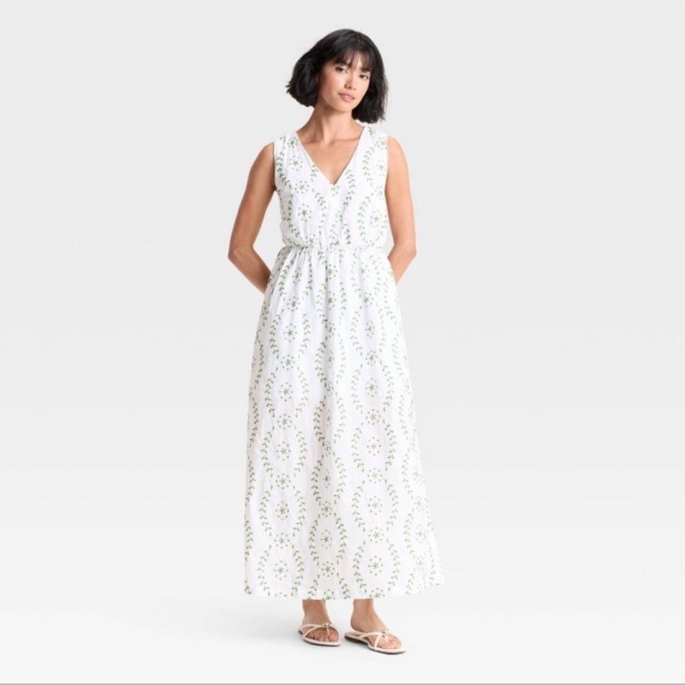 A New Day Women’s Maxi Open Back Embroidered Sundress - White/Green Size XS NWT